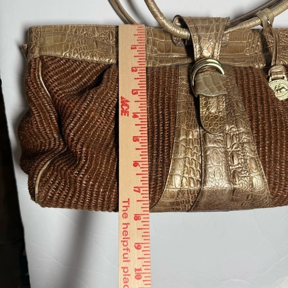 Brahmin Straw Satchel Bag Gold Crocodile Leather Brown Croc Shimmer